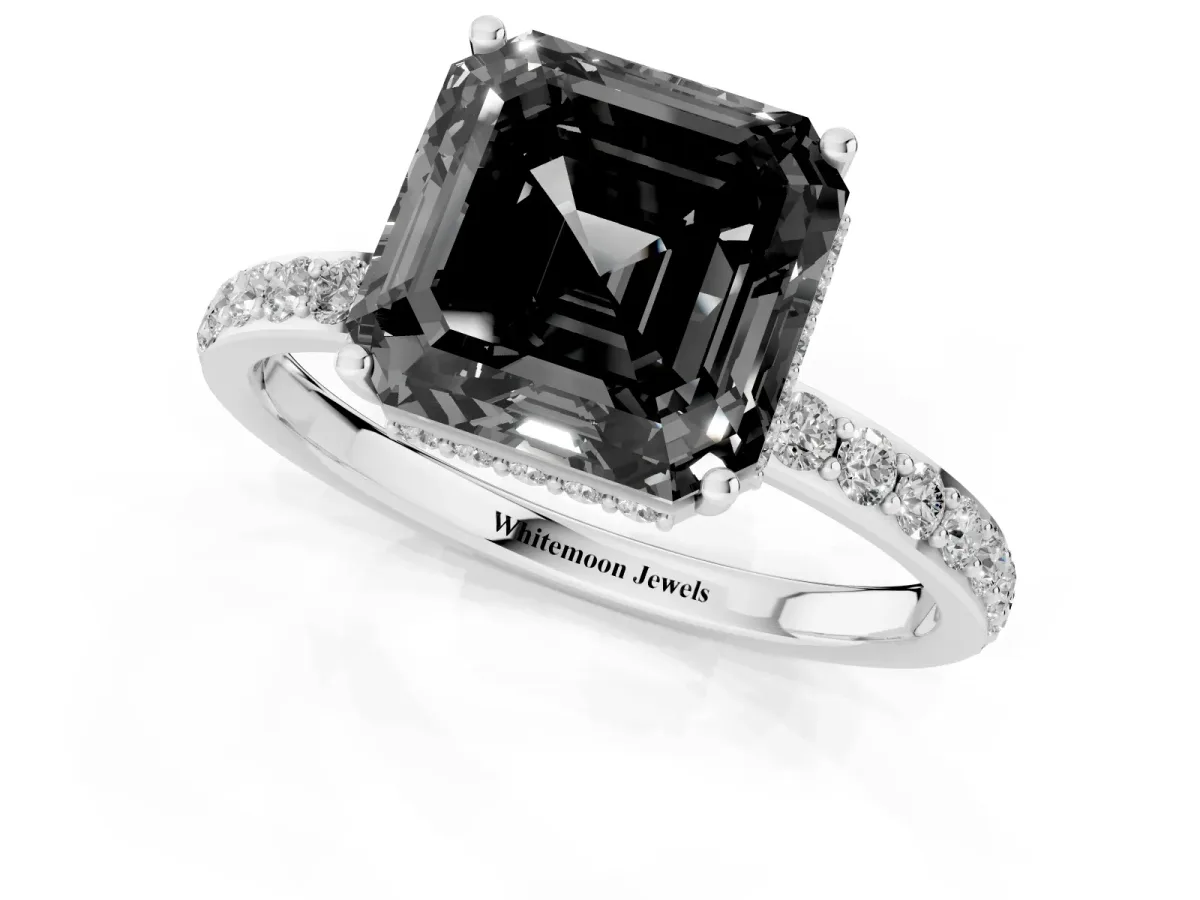 Fancy Black Asscher Cut Diamond Solitaire Ring with Pavé Band and Hidden Halo Silver