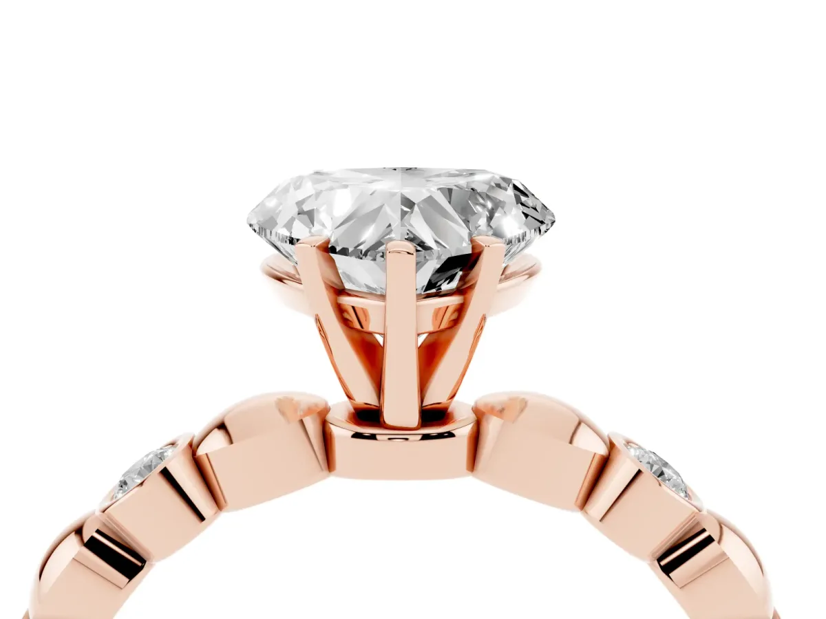 Heart Cut Solitaire Bezel-Set Diamond Ring with Beaded Band and Four-Prong Setting Rose gold
