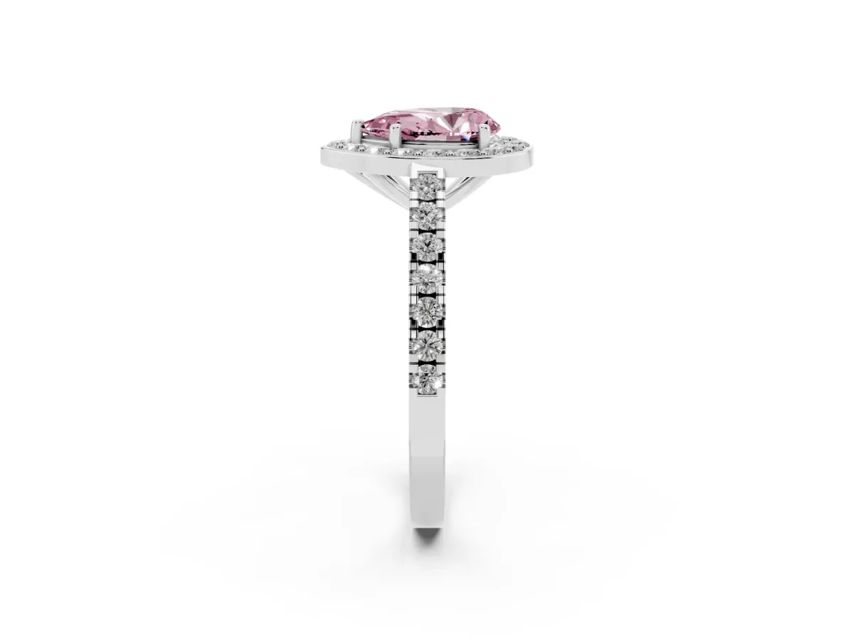 Fancy Pink Pear Cut Diamond Halo Ring with Round Pavé Split Shank and Prong Setting Silver