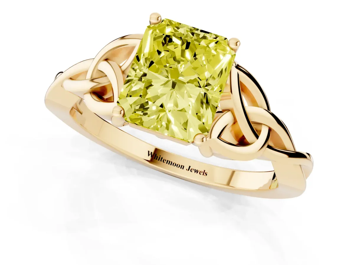 Fancy Yellow Radiant Cut Diamond Solitaire Engagement Ring with Celtic Knot Band and Four-Prong Setting Yellow gold