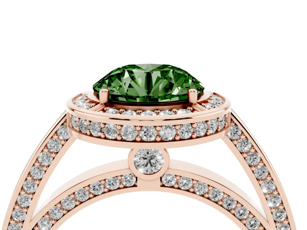 Fancy Green Round Cut Cut Halo Pave Split Shank Prong Setting Ring Rose gold