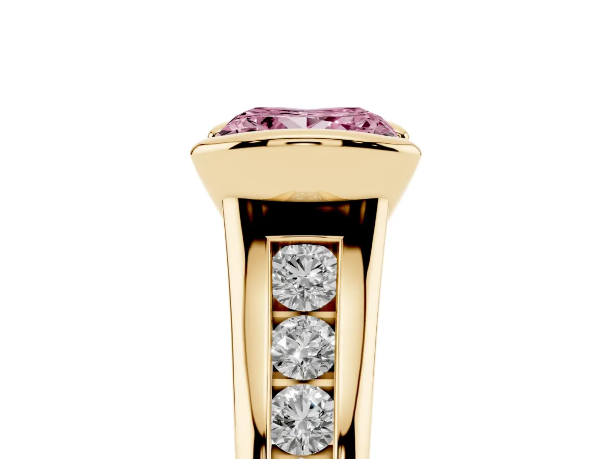Fancy Pink Princess Cut Solitaire Bezel-Set Diamond Ring with Channel-Set Band Yellow gold