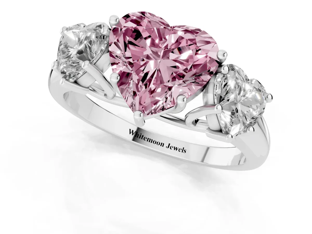Fancy Pink Three-Stone Heart Cut Diamond Engagement Ring with Prong Setting Platinum