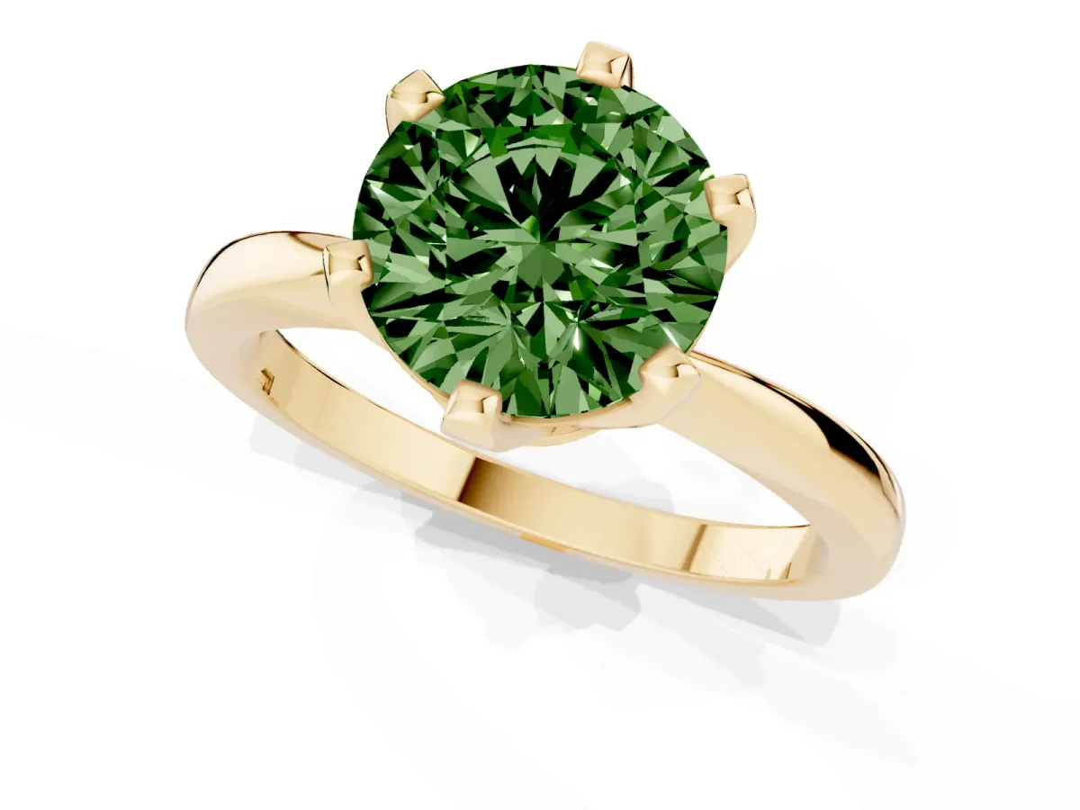 Fancy Green Round Cut Solitaire Engagement Ring with Six-Prong Setting and Tapered Band Yellow gold