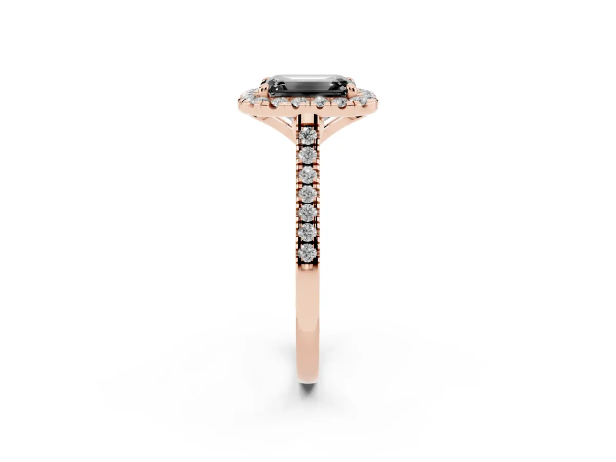 Fancy Black Emerald Cut Diamond Cushion Halo Ring with Pavé Band Rose gold