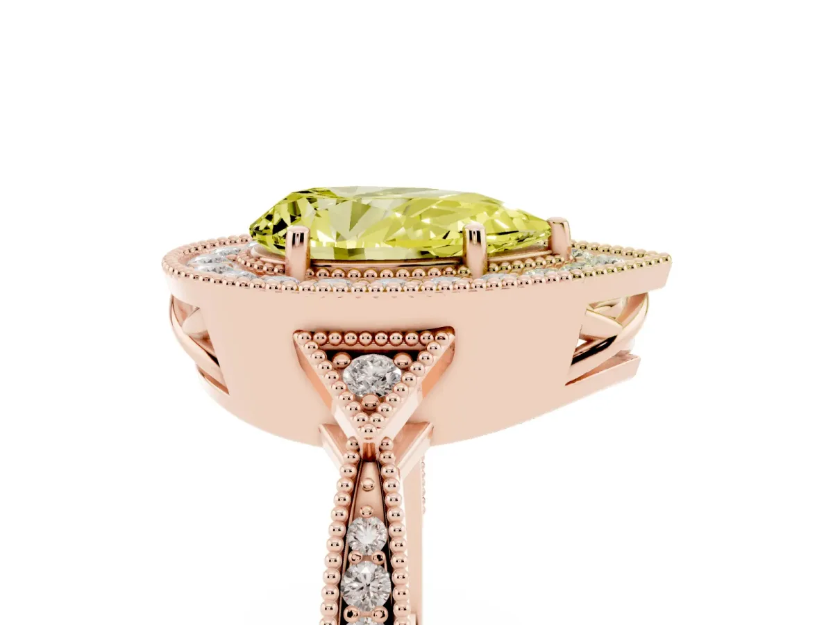 Fancy Yellow Pear Cut Halo Round Diamond Milgrain Pave Engagement Ring Rose gold