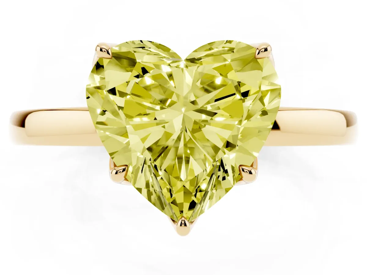 Fancy Yellow Heart Cut Diamond Solitaire Ring with Thin Band and Prong Setting Yellow gold