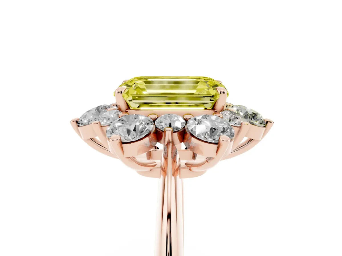 Fancy Yellow Emerald Cut Diamond Cluster Halo Ring with Solitaire Band and Four-Prong Setting Rose gold