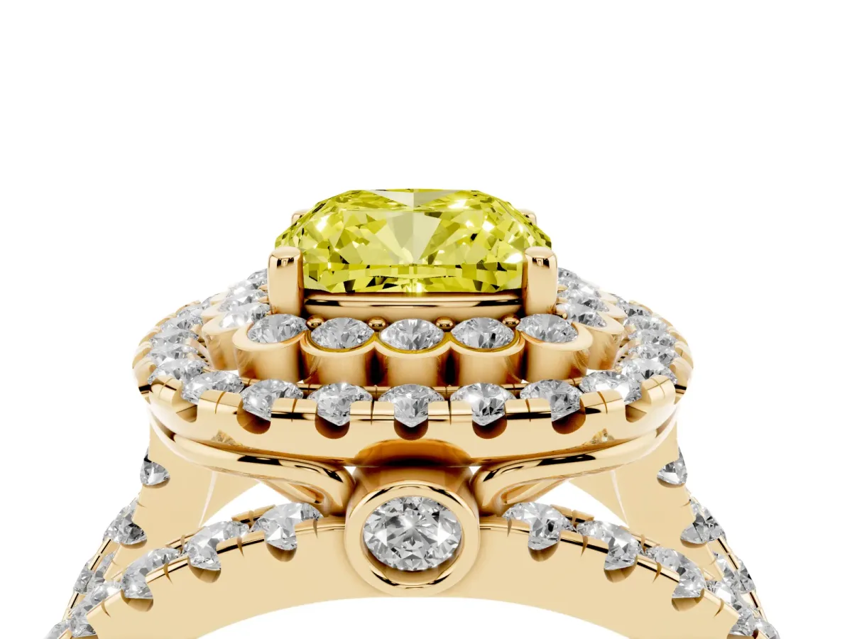 Fancy Yellow Cushion Cut Diamond Double Halo Ring with Round Pavé Split Shank and Prong Setting Yellow gold