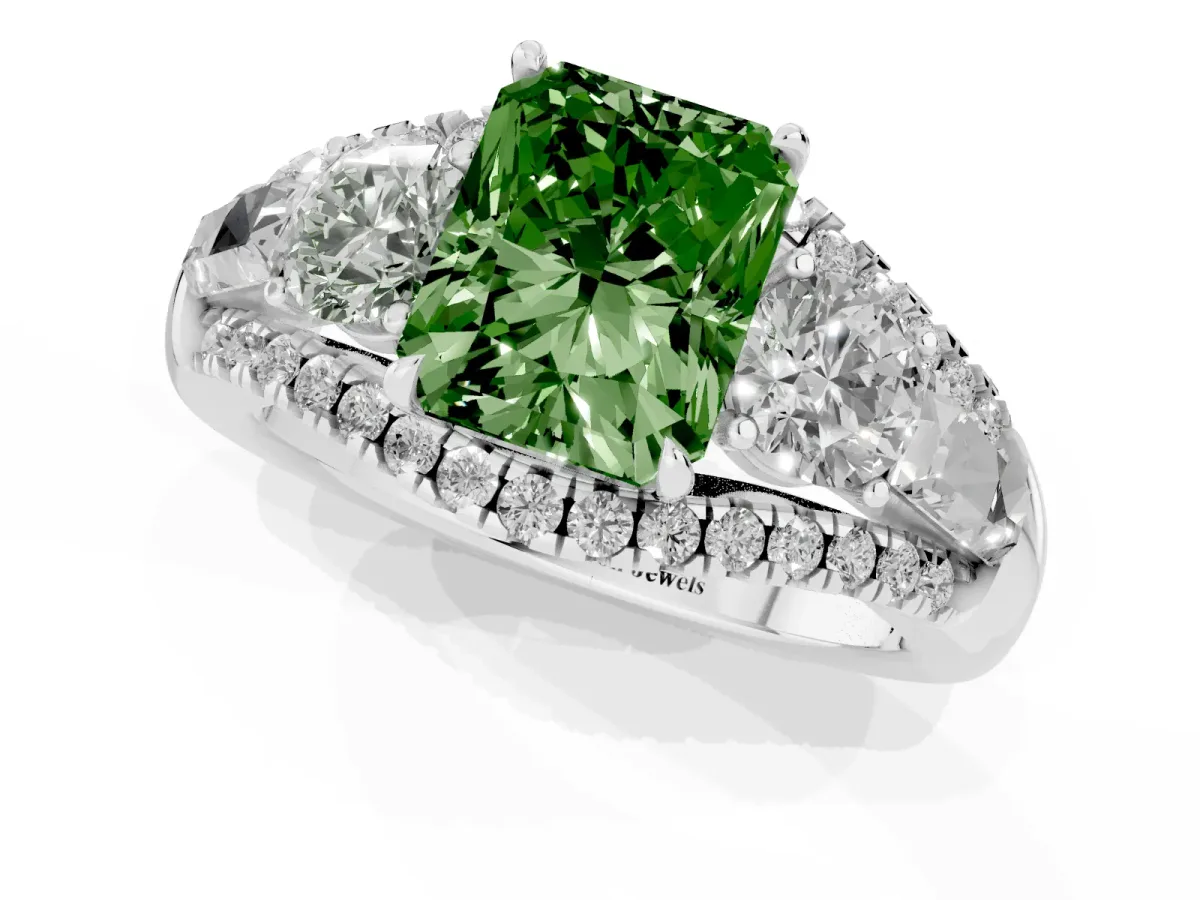 Fancy Green Three-Stone Radiant Cut Diamond Engagement Ring with Pave Band and Prong Setting Silver