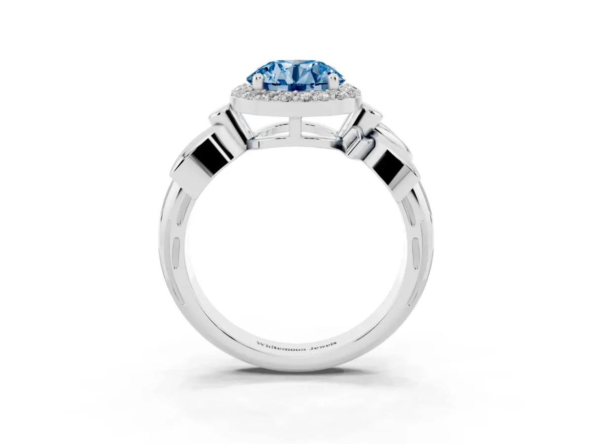 Fancy Blue Round Cut Halo Diamond Floral Band with Four-Prong Setting Platinum