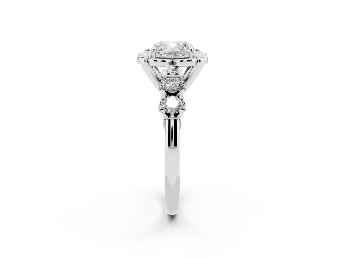Cushion Cut Cut Diamond Floral Halo Engagement Ring with Shared Prong Setting Silver