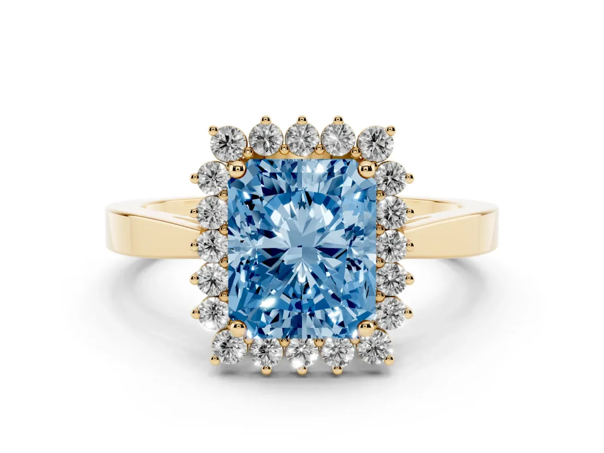 Fancy Blue Radiant Cut Cut Diamond Halo Ring with Round Brilliant Halo and Solitaire Band Yellow gold