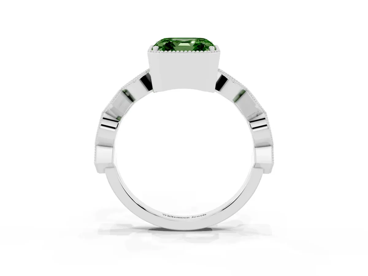 Fancy Green Asscher Cut Milgrain Marquise Diamond Twist Band Ring Silver