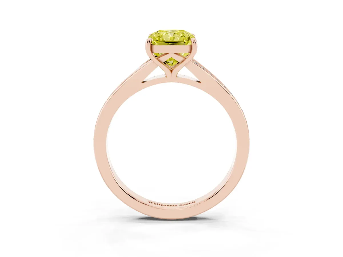 Fancy Yellow Radiant Cut Diamond Solitaire Ring with Pavé Band and Prong Setting Rose gold