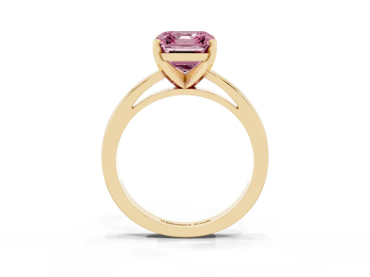 Fancy Pink Asscher Cut Solitaire Diamond Engagement Ring with Four-Prong Setting on a Classic Band Yellow gold