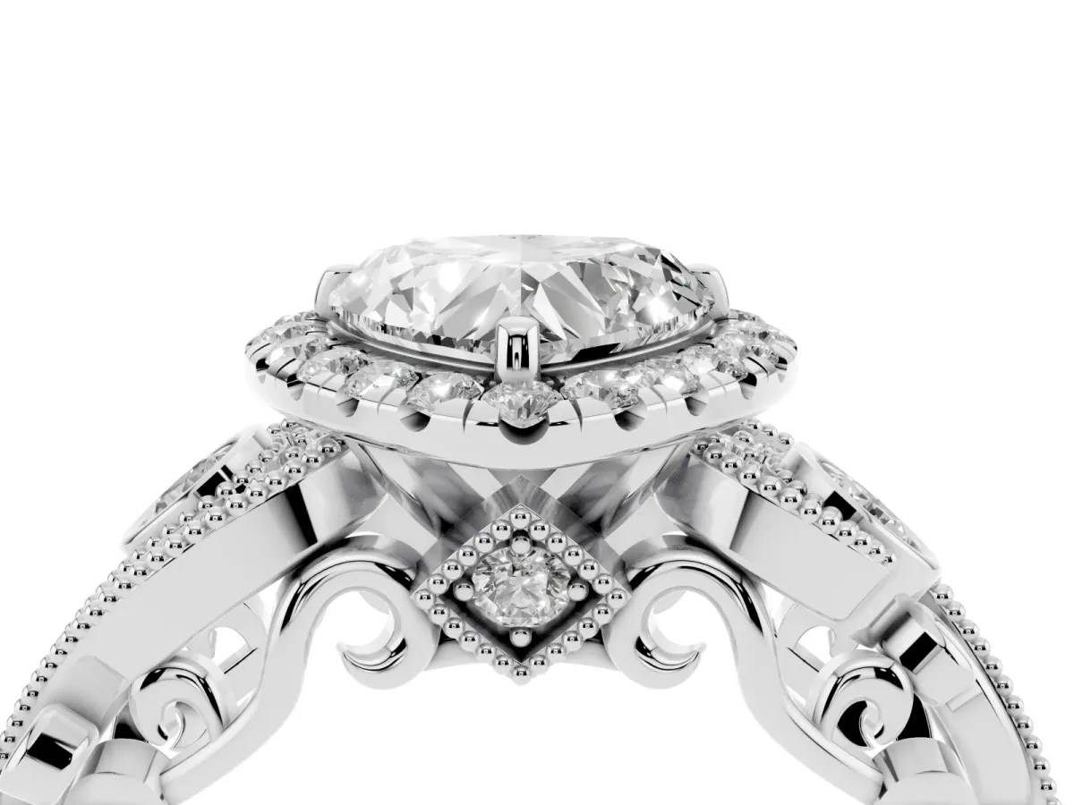 Heart Cut Halo Diamond Ring with Milgrain and Bezel Accents on a Split Shank Band Silver