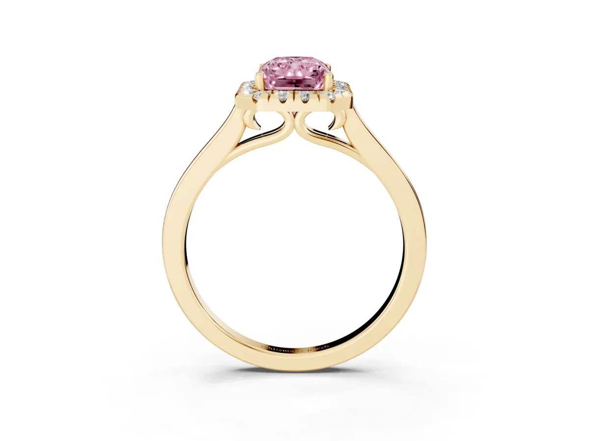 Fancy Pink Radiant Cut Halo Round Diamond Solitaire Ring with Pavé Band and Four-Prong Setting Yellow gold