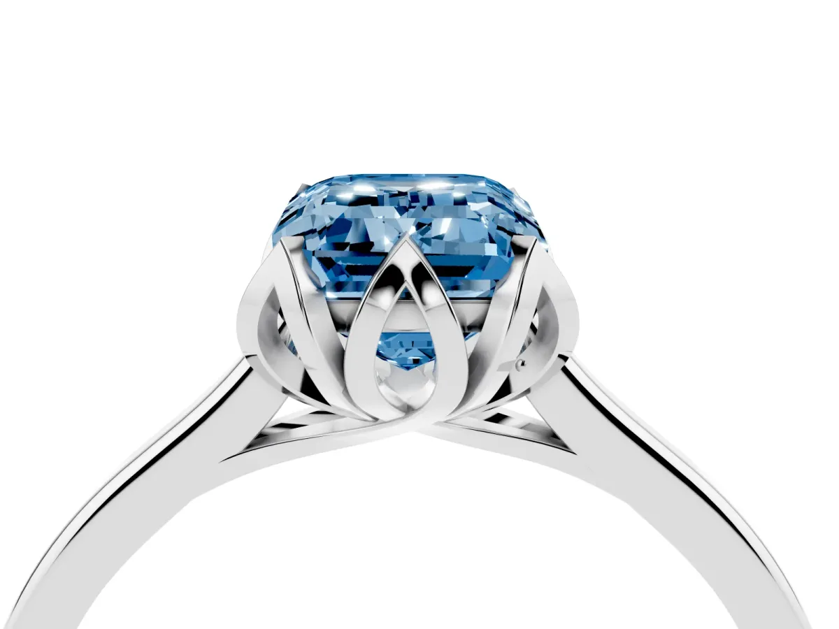 Fancy Blue Emerald Cut Diamond Solitaire Ring with Flower Prong Setting and Classic Band Silver