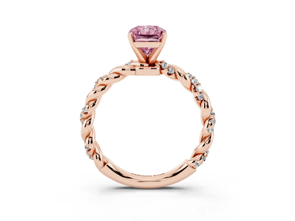 Fancy Pink Radiant Cut Diamond Solitaire Ring with Twisted Band and Pavé Accents Rose gold
