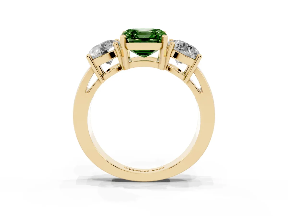 Fancy Green Three-Stone Asscher Cut Diamond Ring with Round Side Stones, Classic Band, and Four-Prong Setting Yellow gold