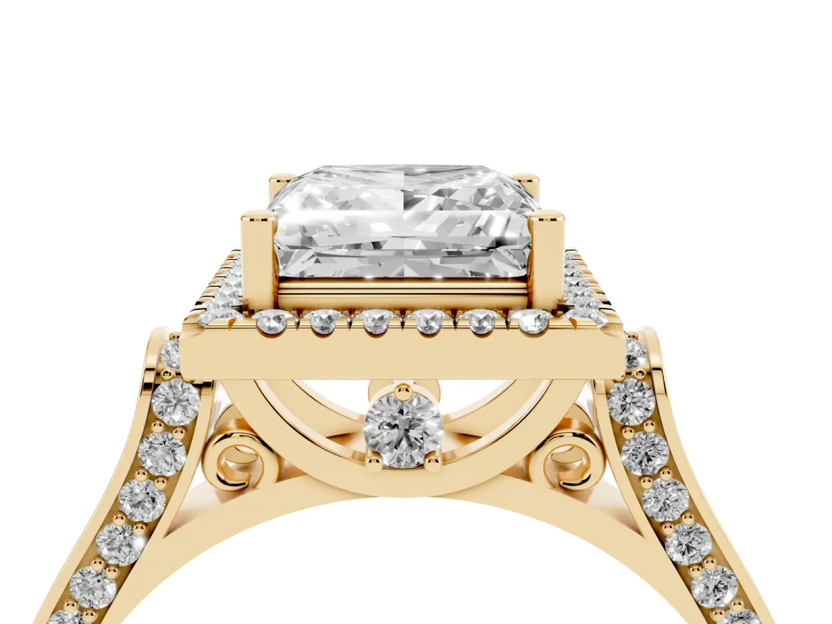 Princess Cut Halo Round Diamond Twist Band with Four-Prong Setting Yellow gold