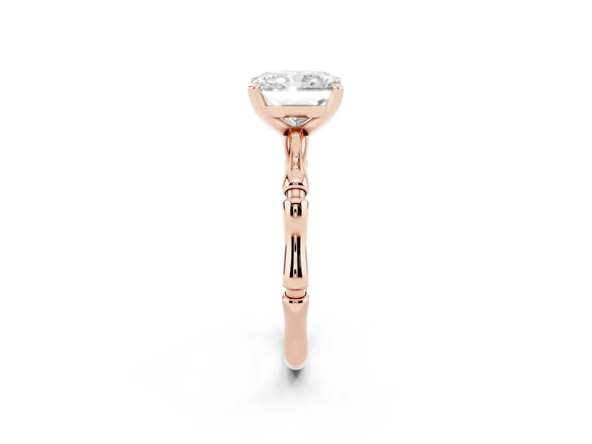 Radiant Cut Solitaire Diamond Ring with Bamboo Band and Four-Prong Setting Rose gold
