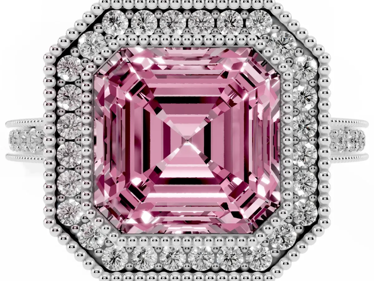 Fancy Pink Asscher Cut Cut Halo Diamond Ring with Pavé Band and Milgrain Prong Setting Silver