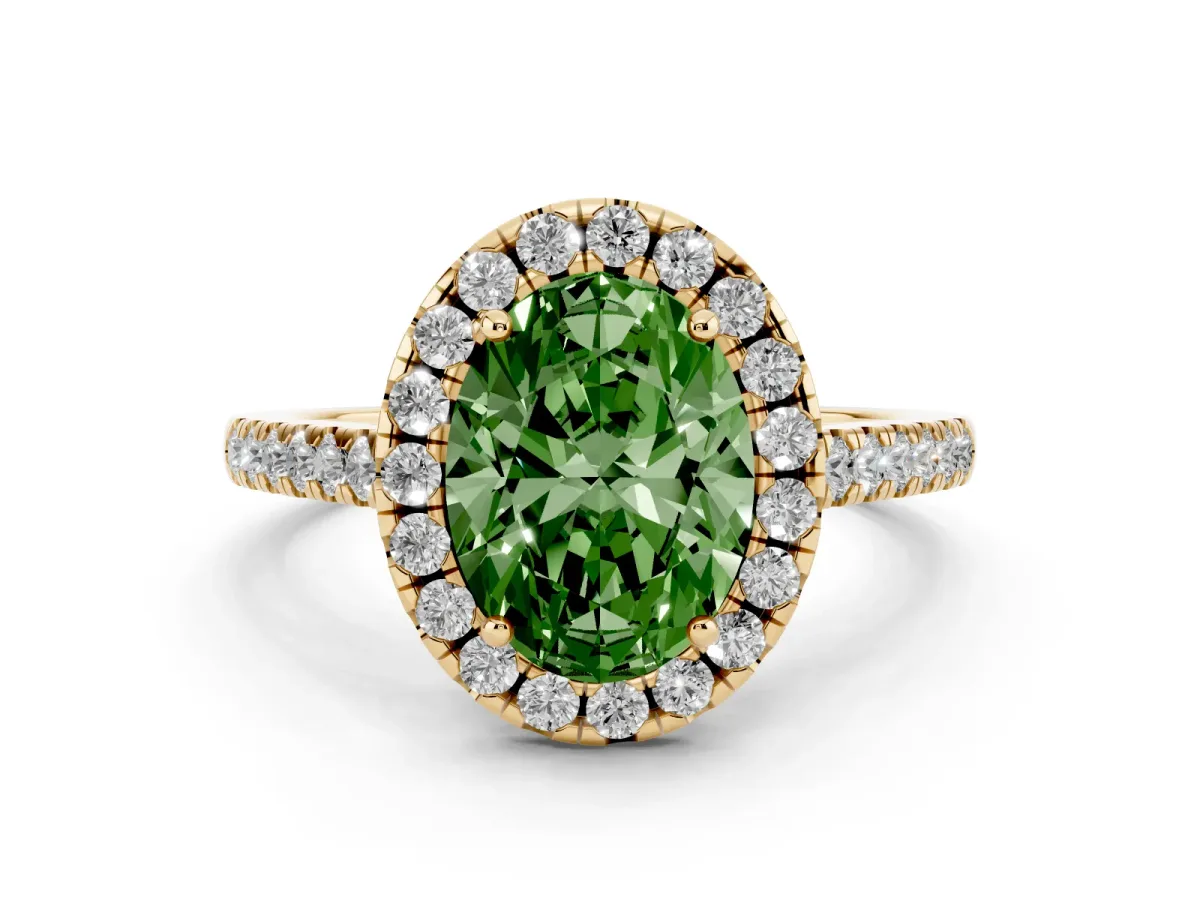 Fancy Green Oval Cut Halo Pavé Diamond Engagement Ring with Four-Prong Setting Yellow gold