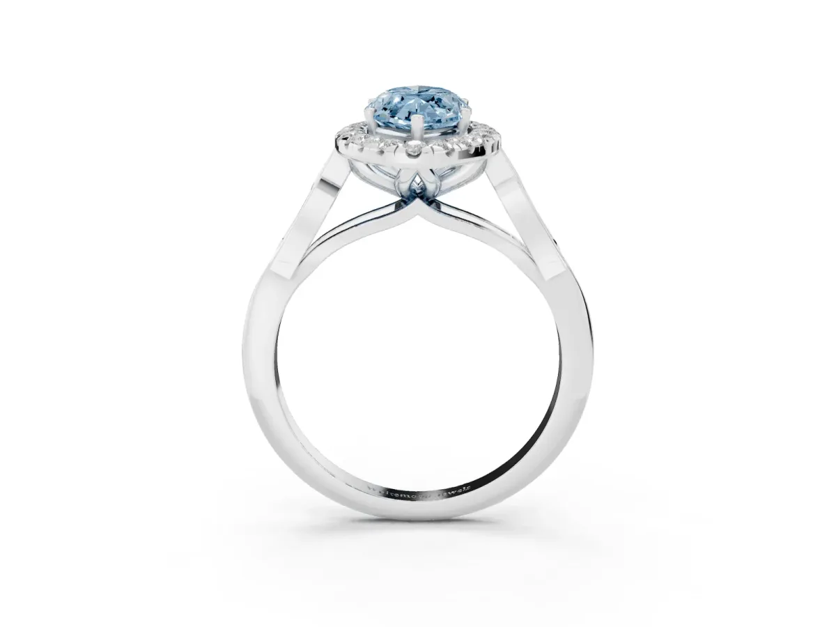 Fancy Blue Marquise Cut Halo Diamond Engagement Ring with Filigree Band and Four-Prong Setting Platinum