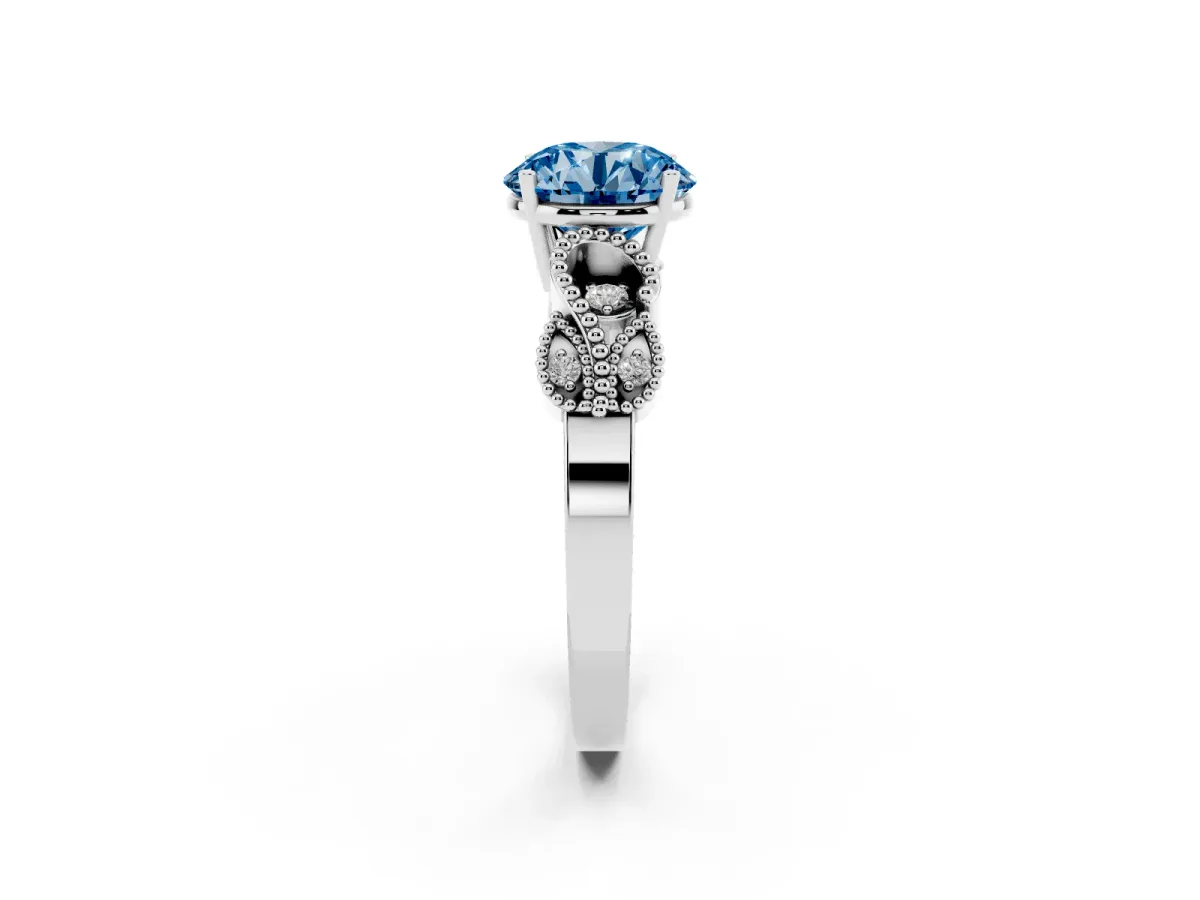 Fancy Blue Round Cut Solitaire Milgrain Leaf Band with Prong Setting Silver