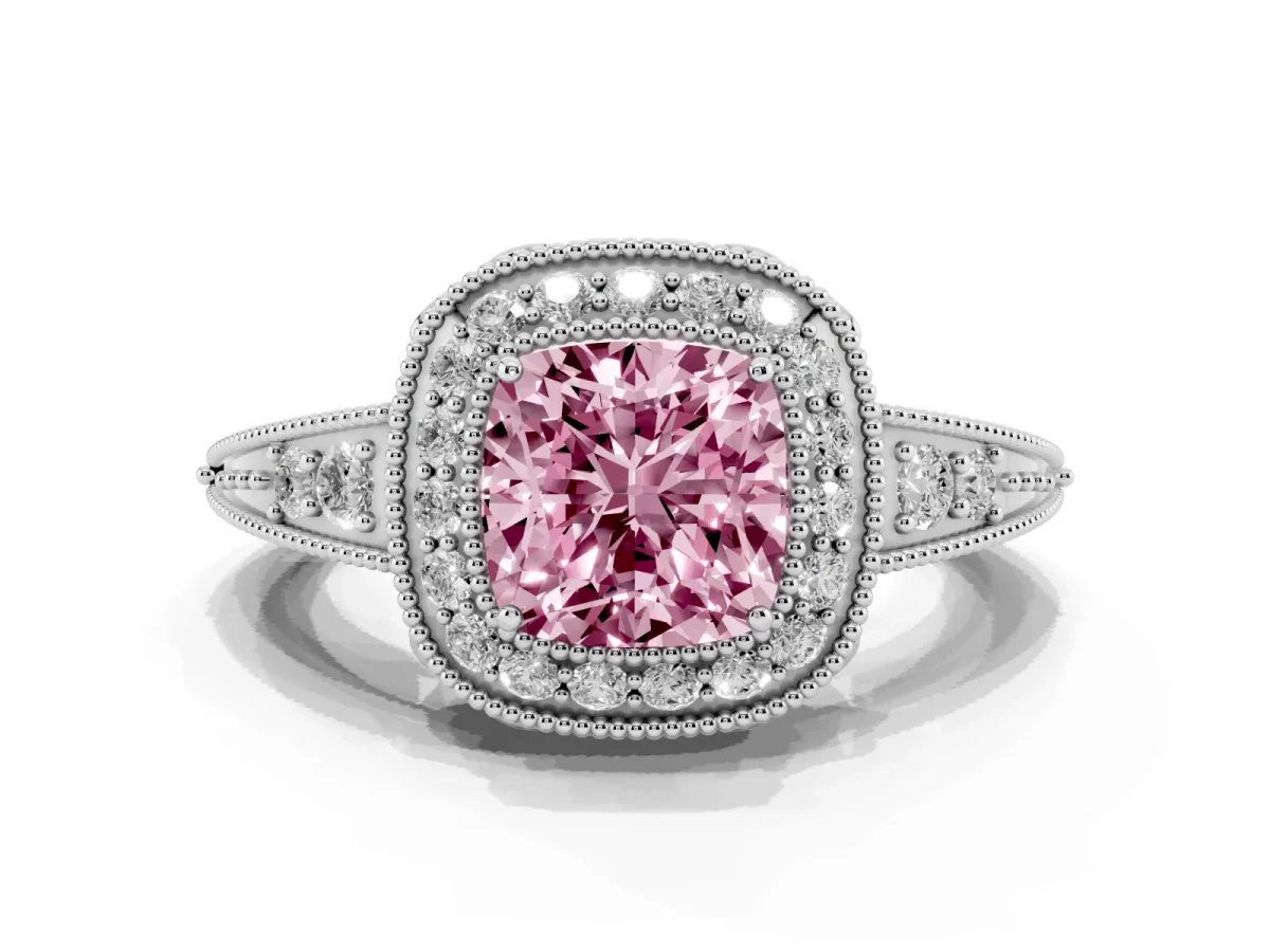 Fancy Pink Cushion Cut Halo Diamond Split Shank Ring with Milgrain Detail White gold
