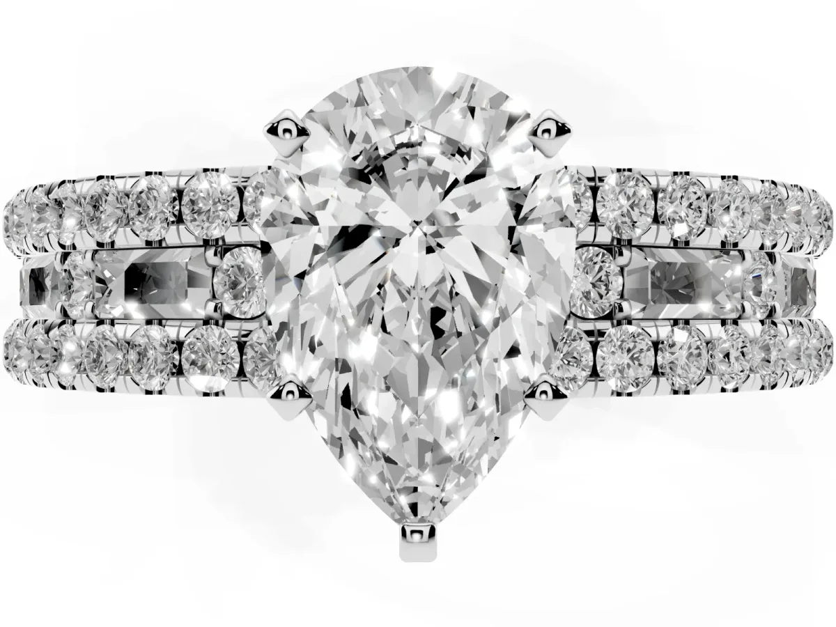 Pear Cut Diamond Solitaire Ring with Pavé and Channel Set Band Silver