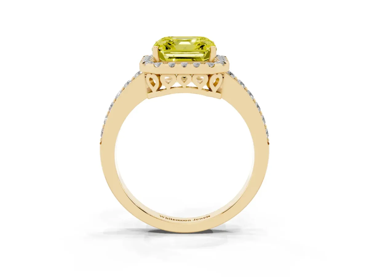 Fancy Yellow Asscher Cut Halo Diamond Pavé Band Ring with Prong Setting Yellow gold