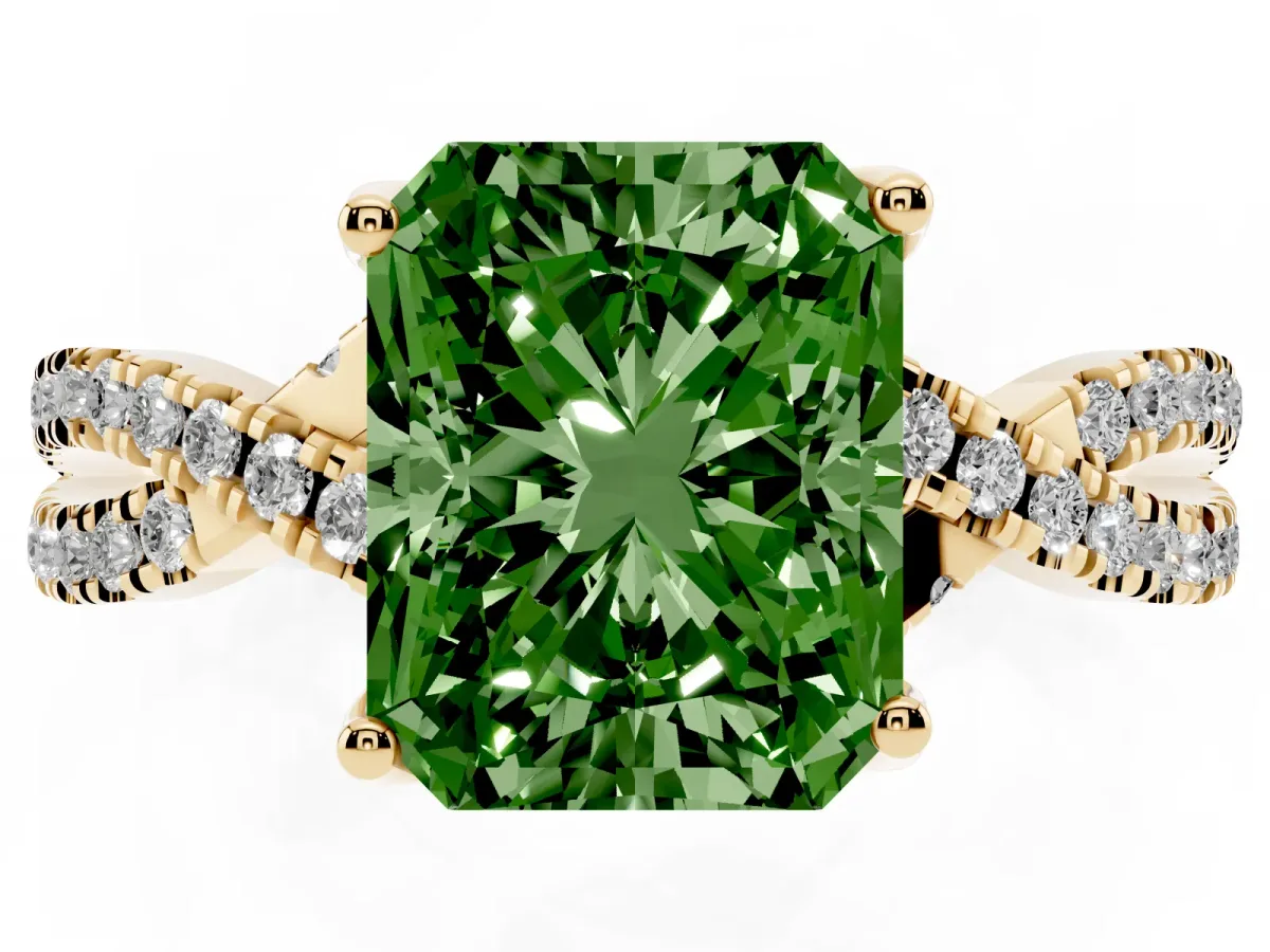 Fancy Green Radiant Cut Solitaire Twist Pave Diamond Engagement Ring with Prong Setting Yellow gold