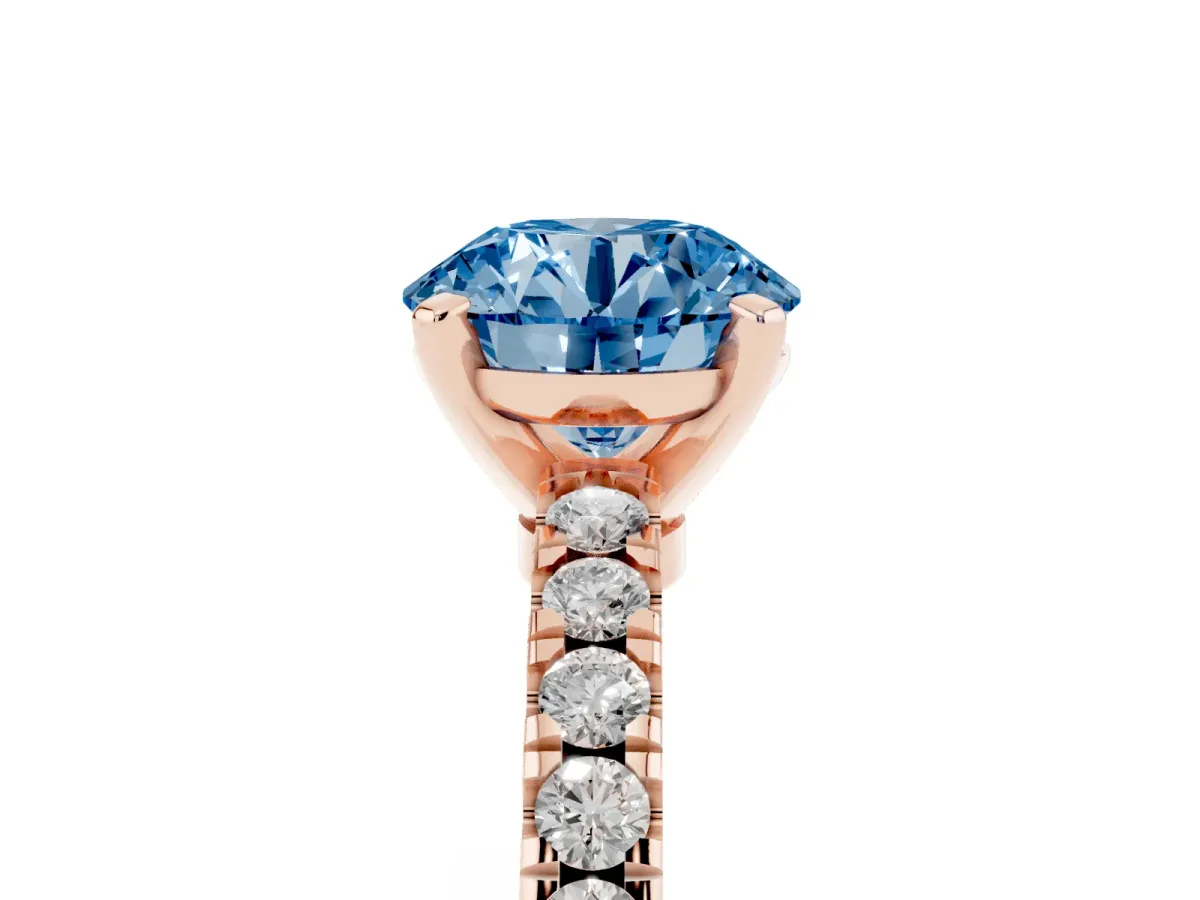 Fancy Blue Round Cut Solitaire Diamond with Pavé Band and Four-Prong Setting Rose gold