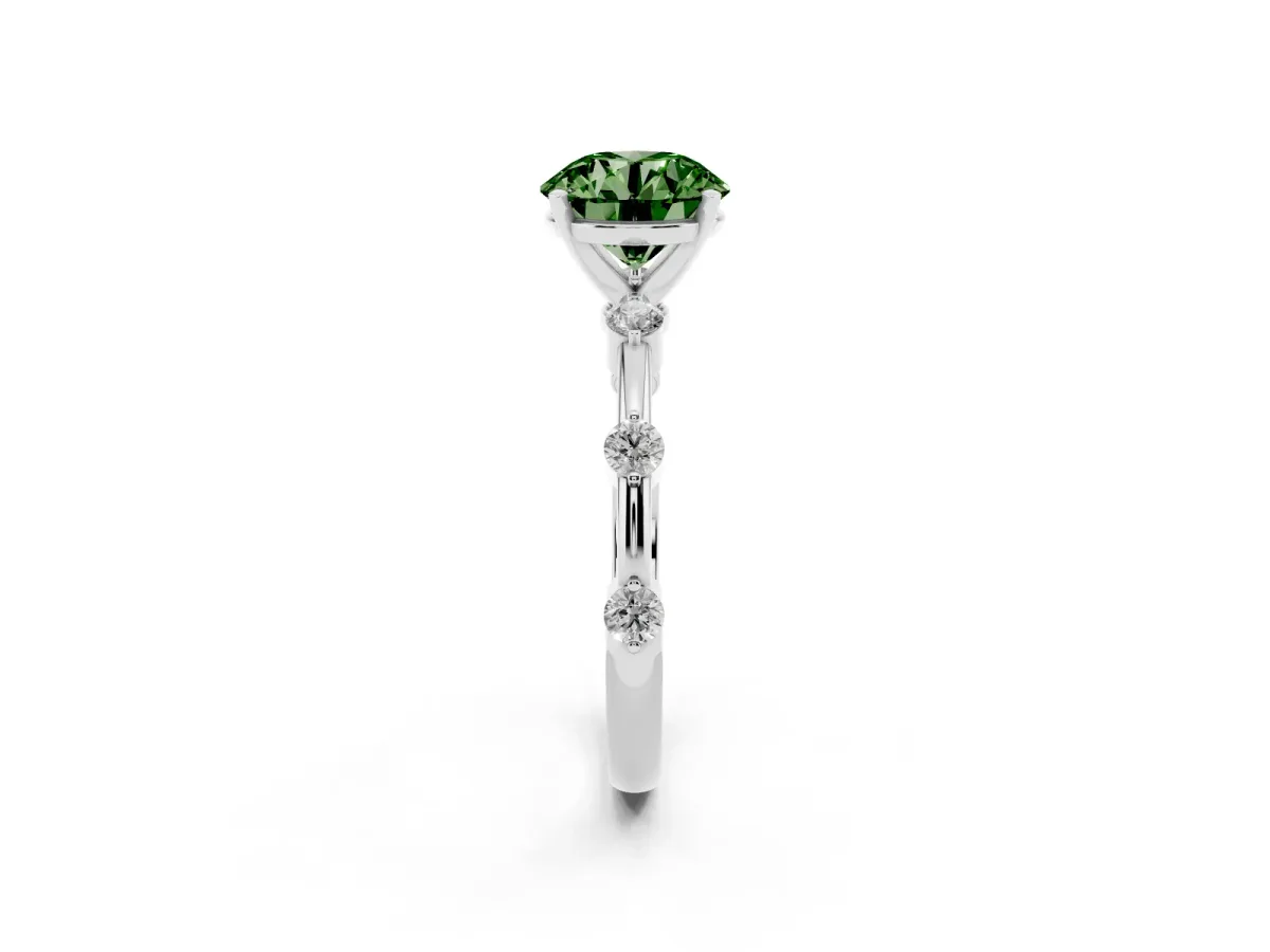Fancy Green Round Cut Solitaire Diamond Ring with Bezel Set Side Stones and Prong Setting Silver