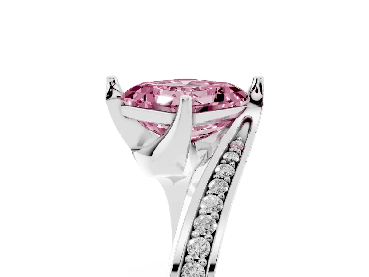 Fancy Pink Asscher Cut Solitaire Diamond Twist Band with Pavé Setting and Four-Prong Setting Platinum