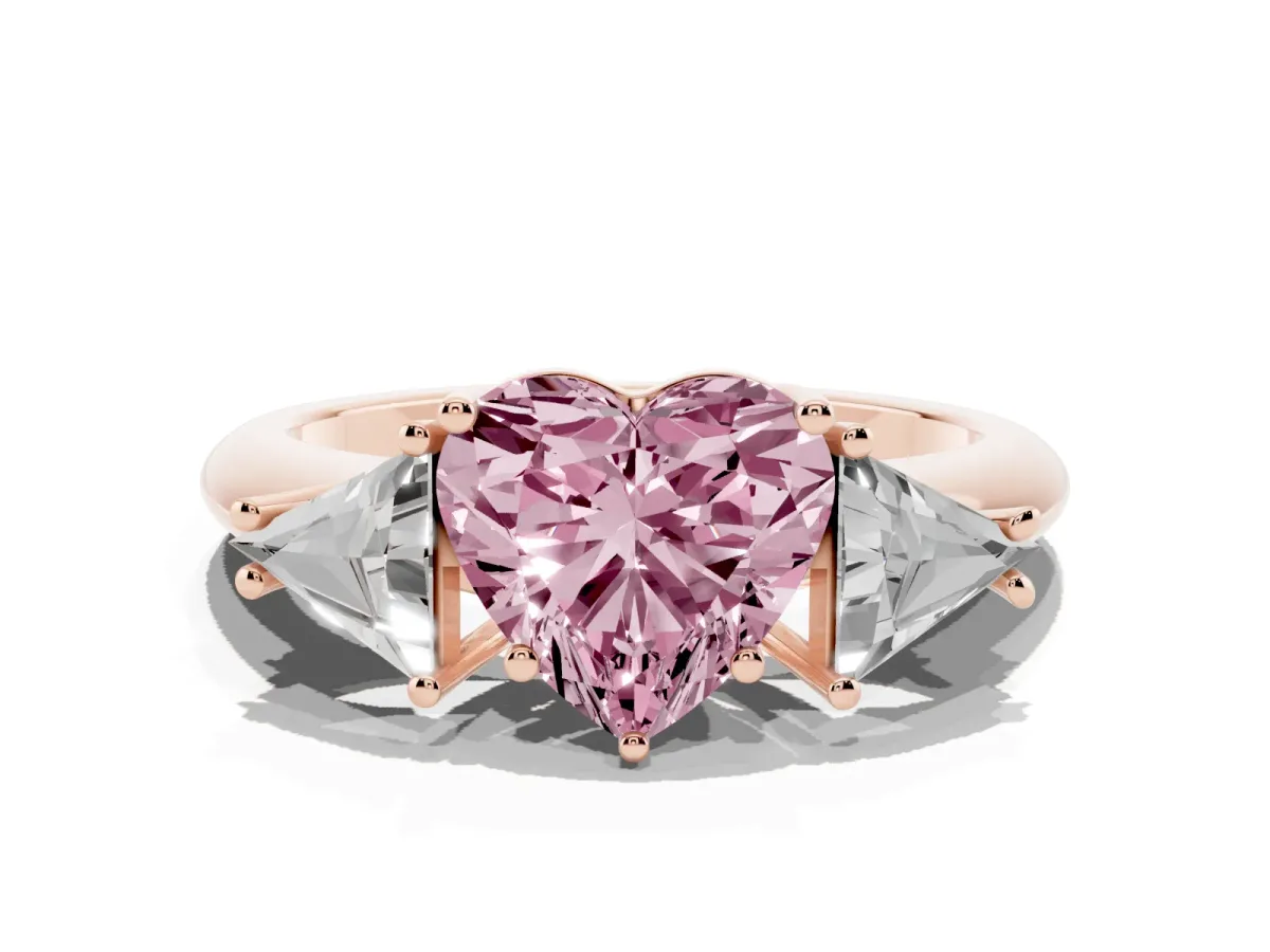 Fancy Pink Three-Stone Heart Cut Diamond Engagement Ring with Trillion Side Stones and Prong Setting Rose gold