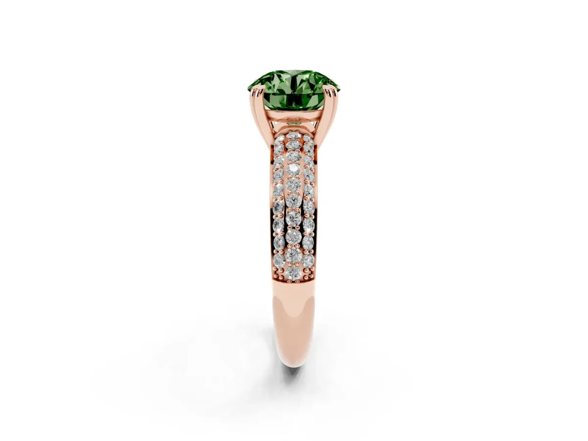 Fancy Green Round Cut Diamond Solitaire Ring with Multi-Row Round Pavé Band and Prong Setting Rose gold
