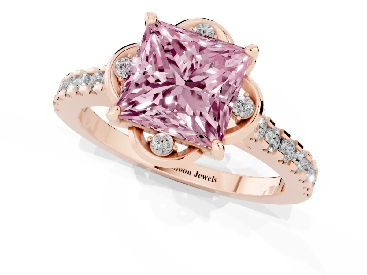 Fancy Pink Princess Cut Diamond Ring with Pavé Band and Floral Prong Setting Rose gold