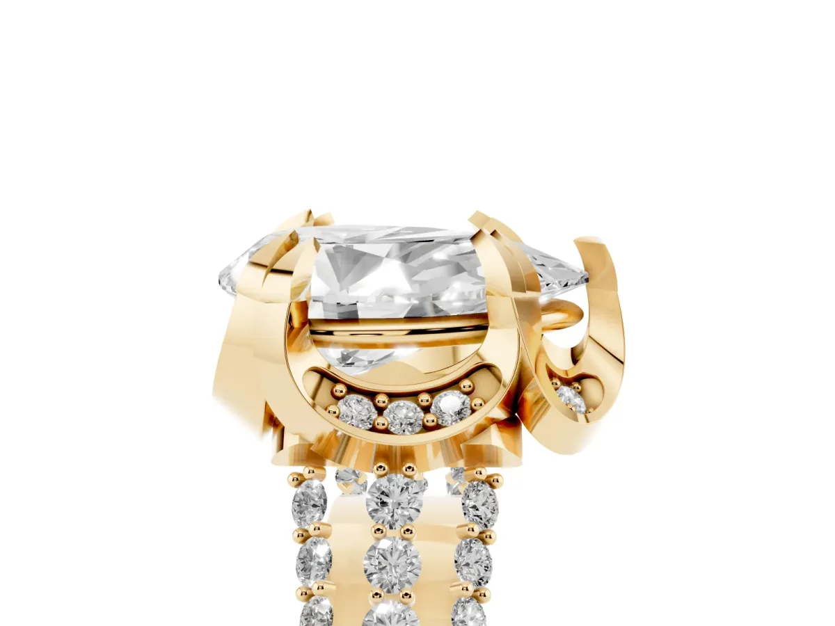 Pear Cut Solitaire Pave Split Shank Ring with Four-Prong Setting Yellow gold