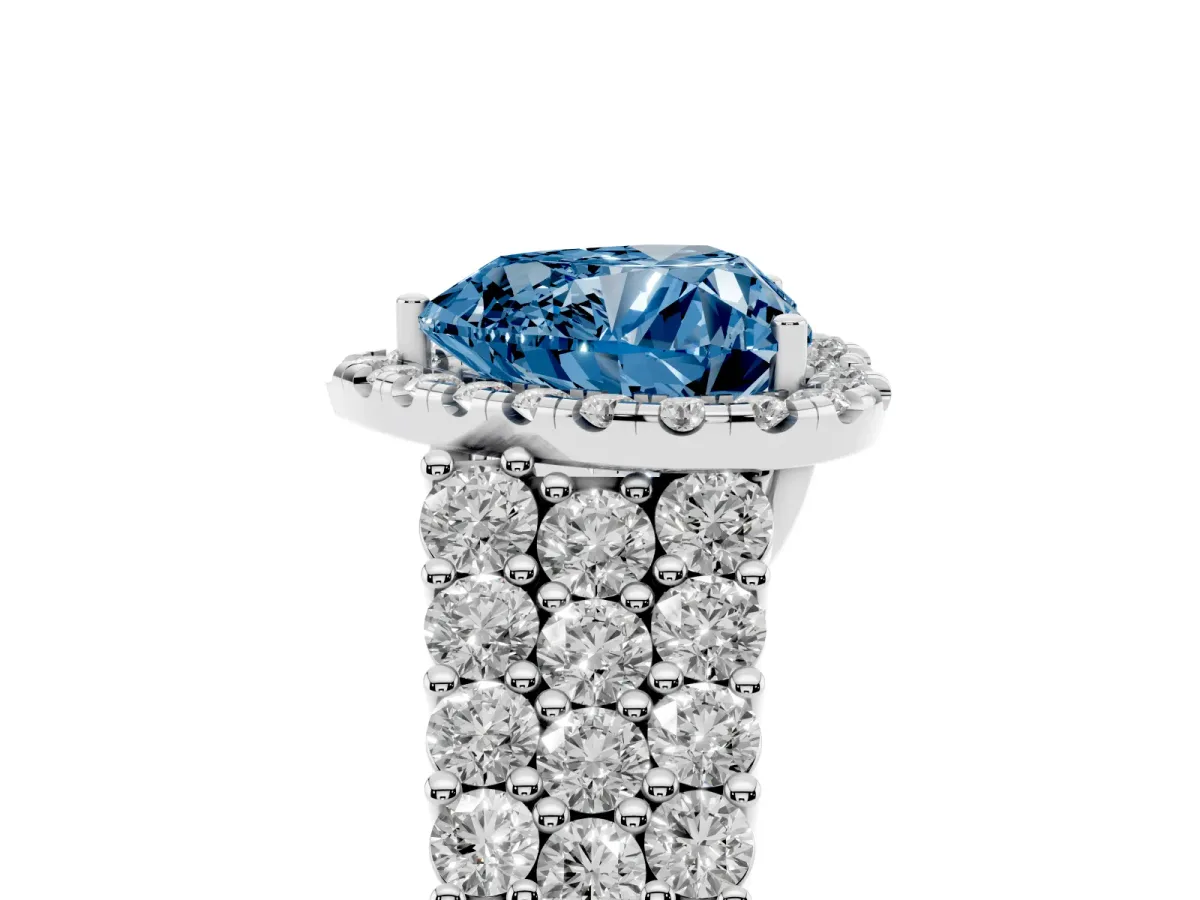 Fancy Blue Heart Cut Diamond Halo Engagement Ring with Triple Row Round Pavé Band and Prong Setting White gold