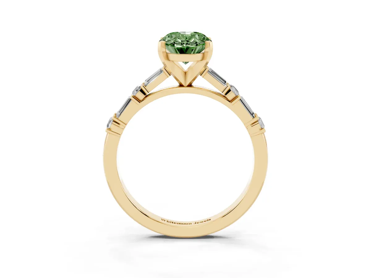 Fancy Green Oval Cut Diamond Solitaire with Side Baguettes and Channel Set Band Yellow gold