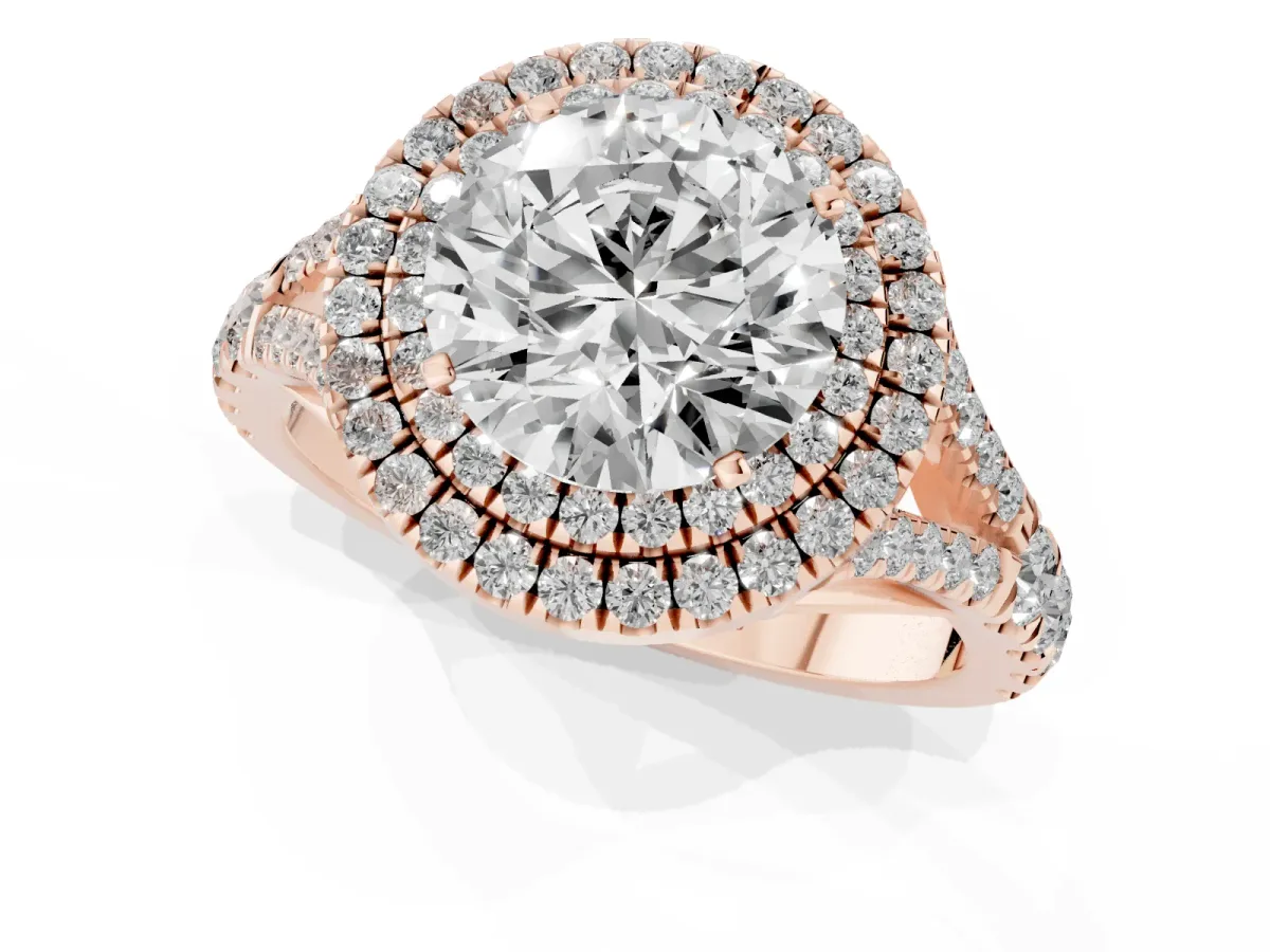 Round Cut Diamond Pavé Split Shank Double Halo Engagement Ring Rose gold