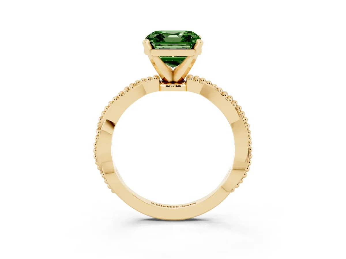 Fancy Green Asscher Cut Solitaire Twisted Band with Bead Prong Setting Yellow gold