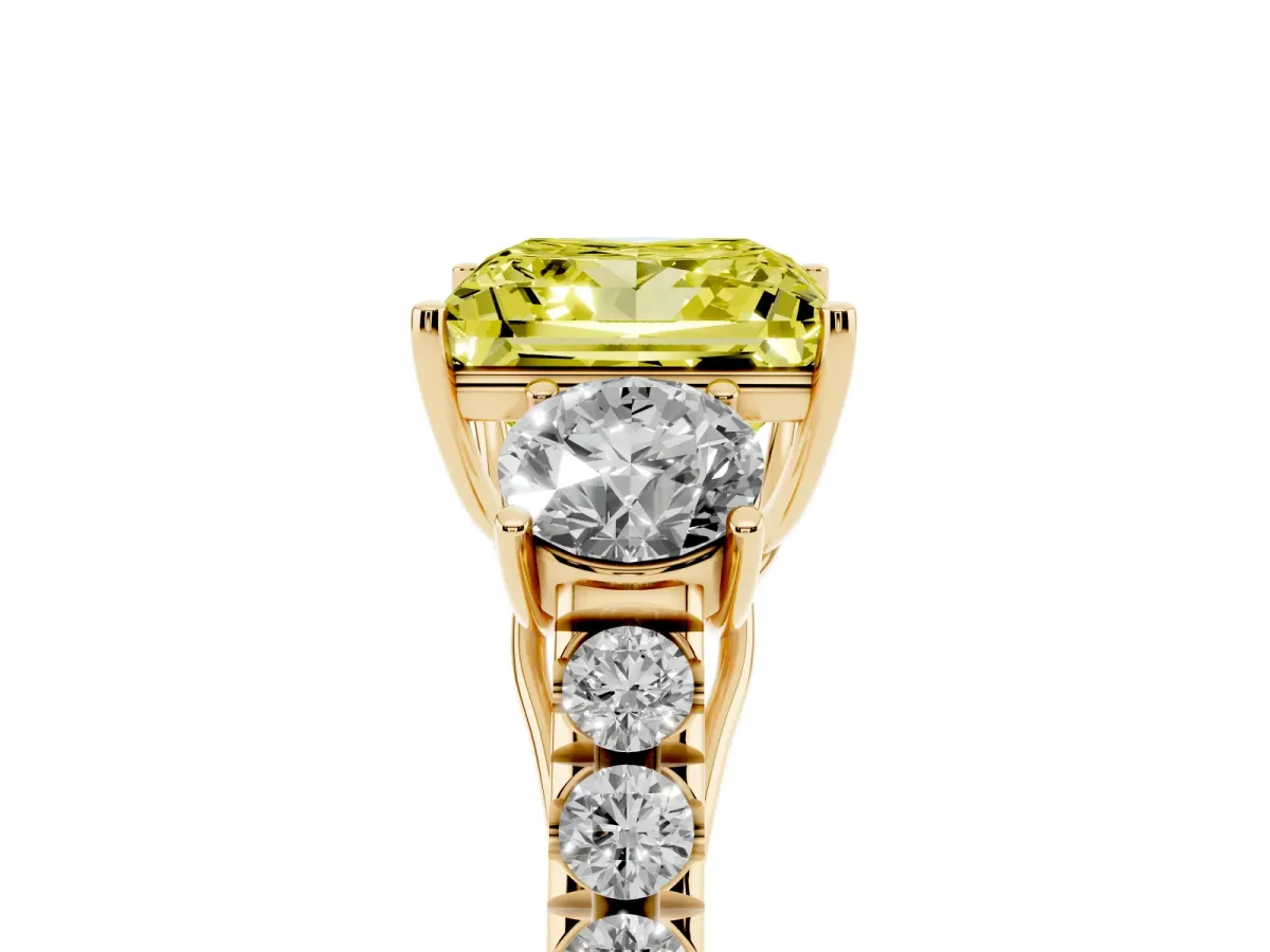 Fancy Yellow Princess Cut Cut Diamond Three-Stone Ring with Round Side Stones and Pavé Band Yellow gold