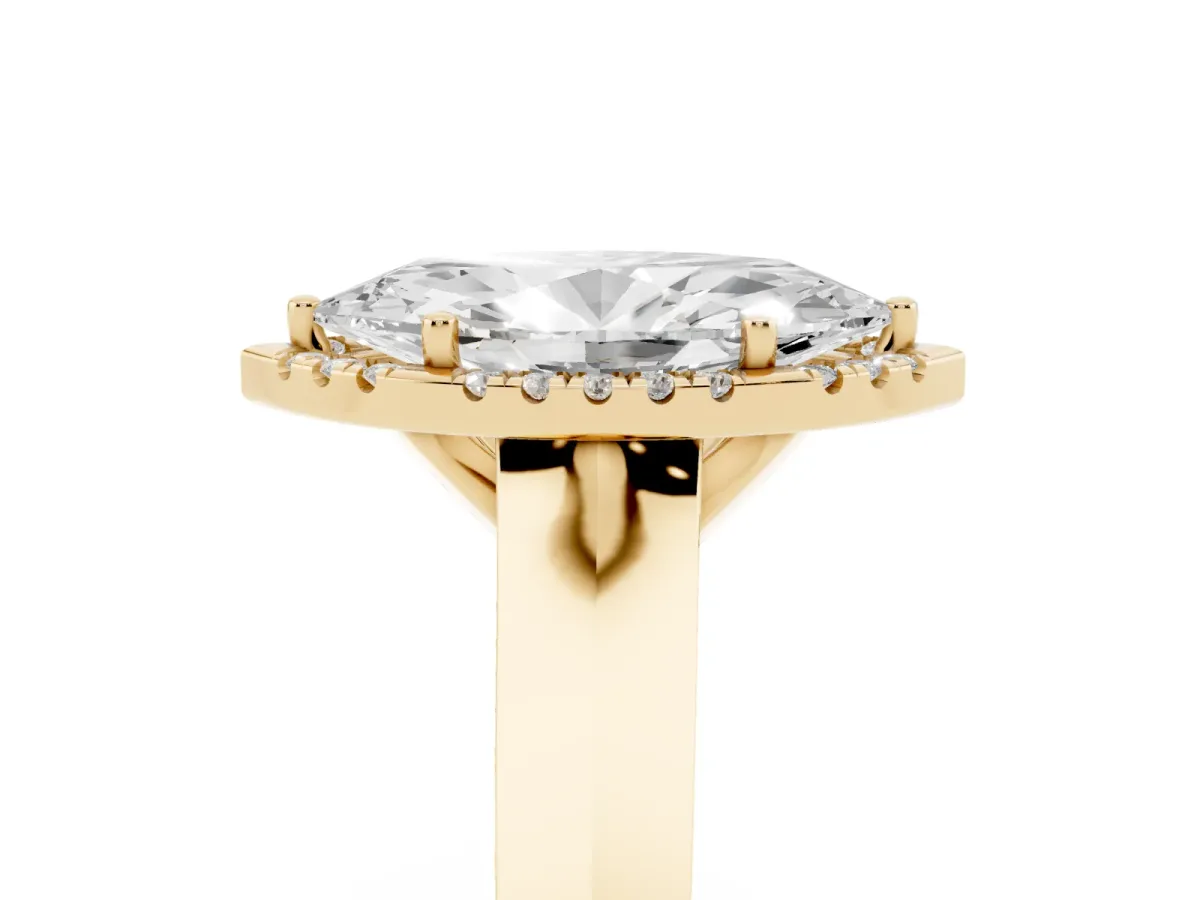 Marquise Cut Halo Diamond Ring with Cathedral Band and Four-Prong Setting Yellow gold