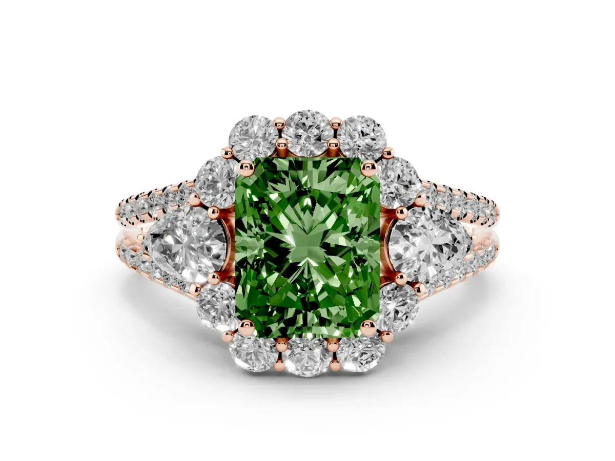 Fancy Green Radiant Cut Halo Split Shank Diamond Engagement Ring with Prong Setting Rose gold
