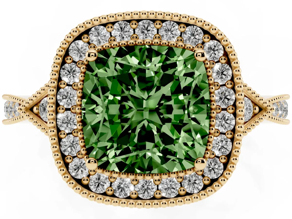 Fancy Green Cushion Cut Halo Round Diamond Milgrain Pave Engagement Ring Yellow gold